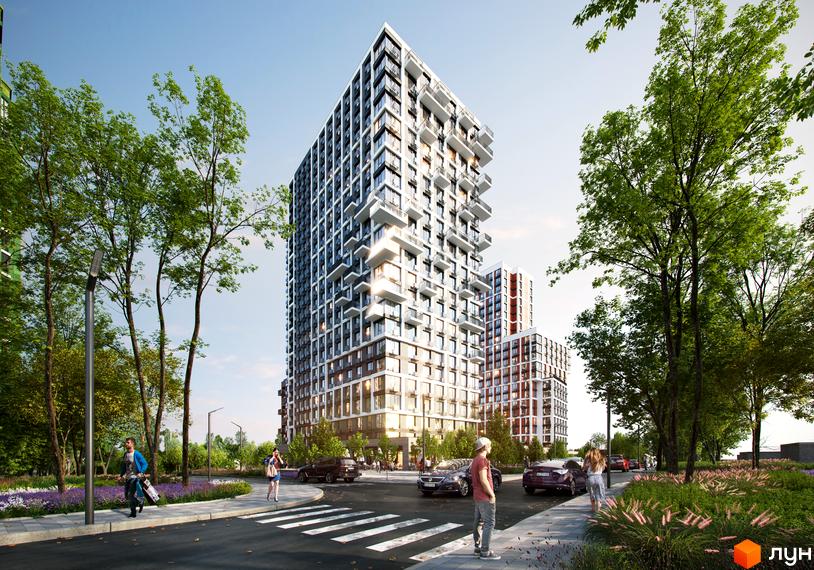 Висотна новобудова ЖК Vernadsky з великими балконами та панорамними вікнами. Навколо будинку зелені насадження, тротуари та проїжджа частина.