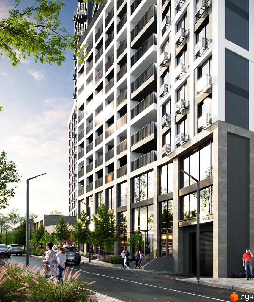 Зображення фасаду та прибудинкової території Житлового комплексу Vernadsky. Багатоповерхова будівля з великими вікнами та балконами.