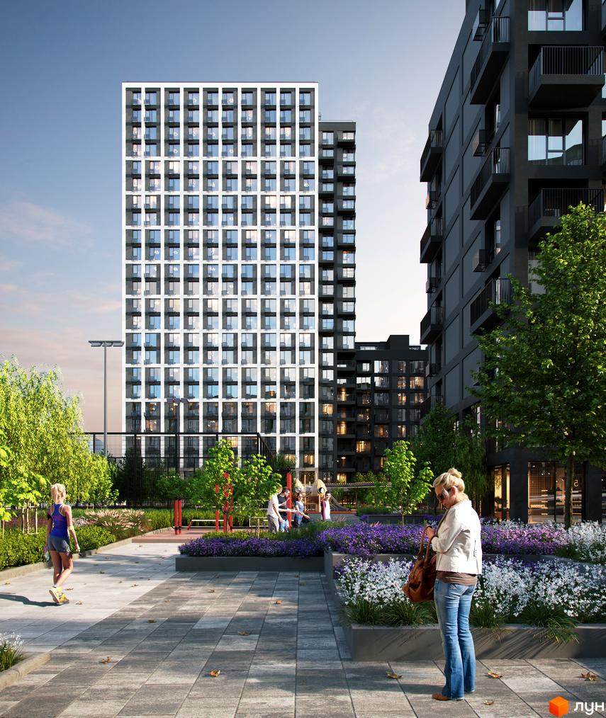 Зображення фасаду та прибудинкової території Житлового комплексу Vernadsky. На території є дитячий майданчик та зелені насадження.