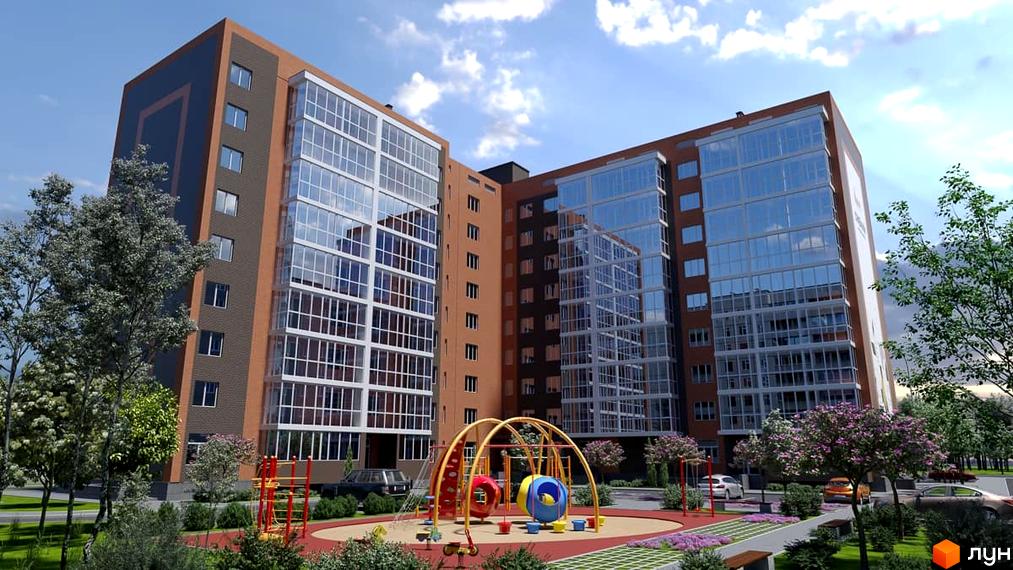 Зовнішній вигляд житлового комплексу Сімейний з цегляним фасадом та великими вікнами, дитячим майданчиком та зеленими насадженнями на прибудинковій території.