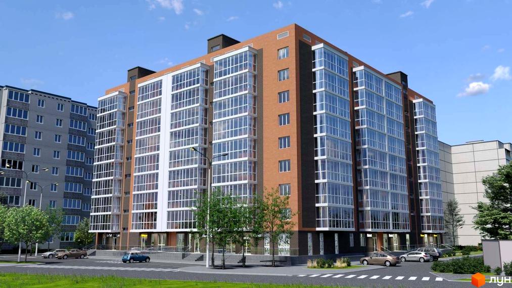 Зовнішній вигляд новобудови ЖК Сімейний з великою кількістю скління та цегляним фасадом. На прибудинковій території видно автомобілі та зелені насадження.