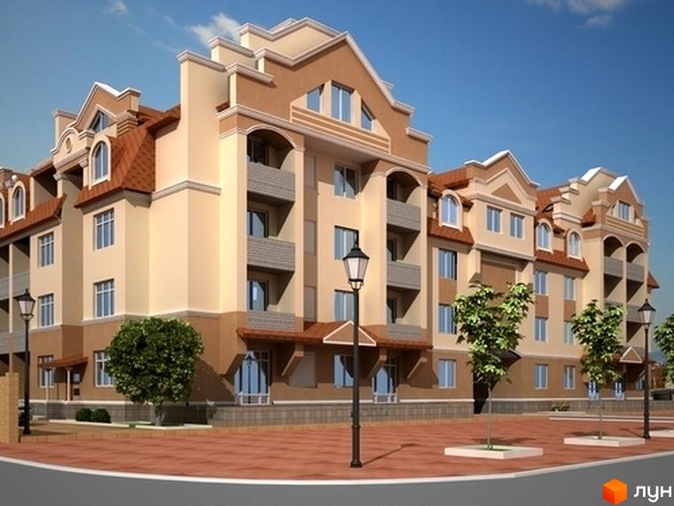 Зовнішній вигляд житлового комплексу на вул. Богдана Хмельницького, 15-17, з прибудинковою територією та зеленими насадженнями.