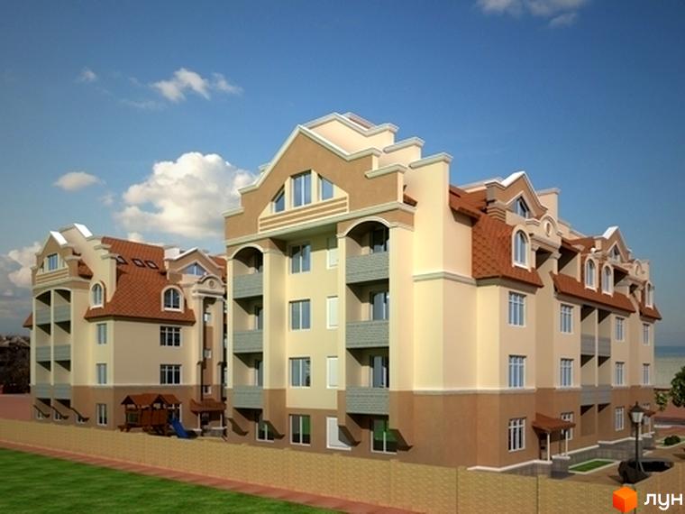 Зовнішній вигляд житлового комплексу на вул. Богдана Хмельницького, 15-17, з червоним дахом та бежевими стінами. Поруч дитячий майданчик та зелена галявина.