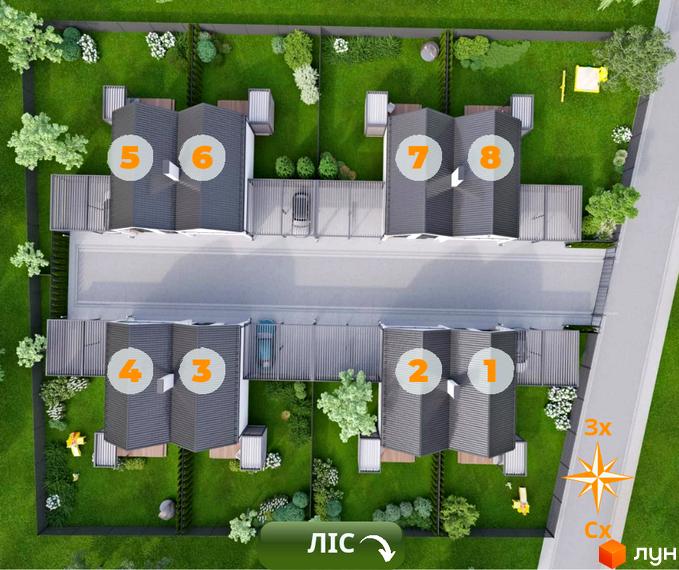 Дуплекси WoodSky: вид зверху на ряд будинків з номерами 1-8, зелена прибудинкова територія з деревами та дитячим майданчиком.