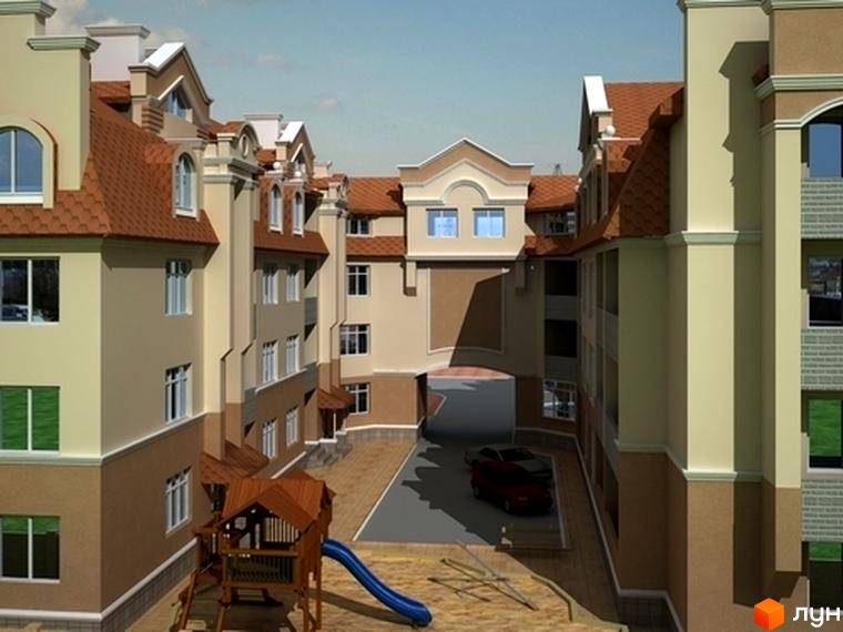 Зовнішній вигляд житлового комплексу на вул. Богдана Хмельницького, 15-17 з червоним дахом та світлими фасадами. На прибудинковій території дитячий майданчик та автомобілі.