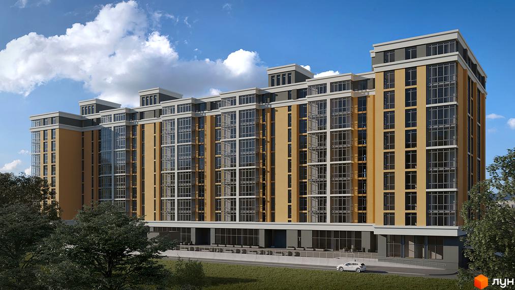 Висотна будівля ЖК Новий Град з великими вікнами та світлими фасадами. На передньому плані зелені насадження та дорога.