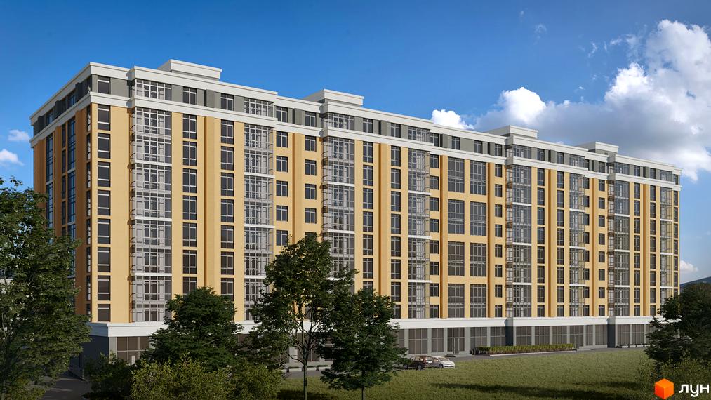 Висотна будівля ЖК Новий Град з великою кількістю вікон. Перед будинком зелена трава та дерева, на території є парковка.