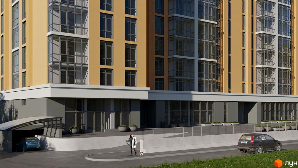 Житловий комплекс Новий Град. Висотна будівля з великими вікнами. На прибудинковій території є паркінг, тротуар, зелені насадження та людина з собакою.