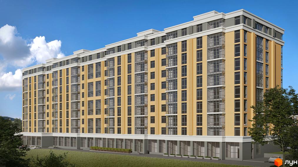 Житловий комплекс Новий Град. Багатоповерховий будинок з великою кількістю вікон, світлими фасадами та прибудинковою територією з газоном та деревами.