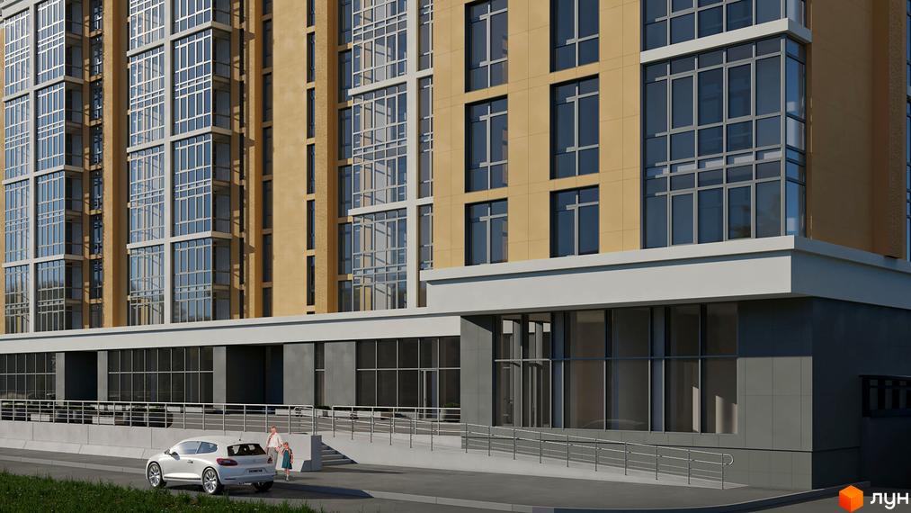 Висотна будівля ЖК Новий Град з панорамними вікнами. Біля будинку асфальтована дорога, газон та припаркований автомобіль.
