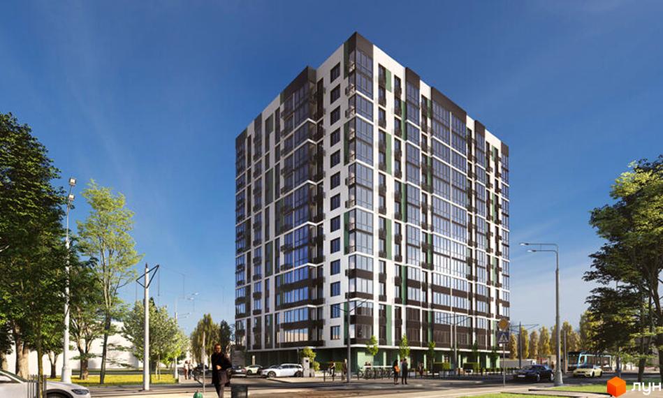 Висотна будівля ЖК Sterling з великою кількістю вікон, поруч дерева та зелені насадження, на території є парковка та тротуар.