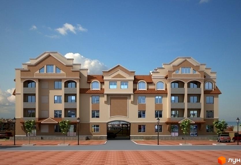 Зовнішній вигляд чотириповерхового будинку з арочним проїздом та мансардними вікнами. Перед будинком вимощена бруківкою площа та ліхтарі.