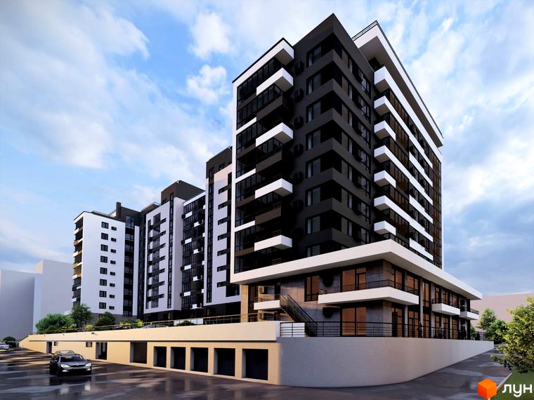 Фасад житлового комплексу ФАЙНЕ МІСТО з чорно-білими елементами та балконами. Прибудинкова територія з дорогою та автомобілями.