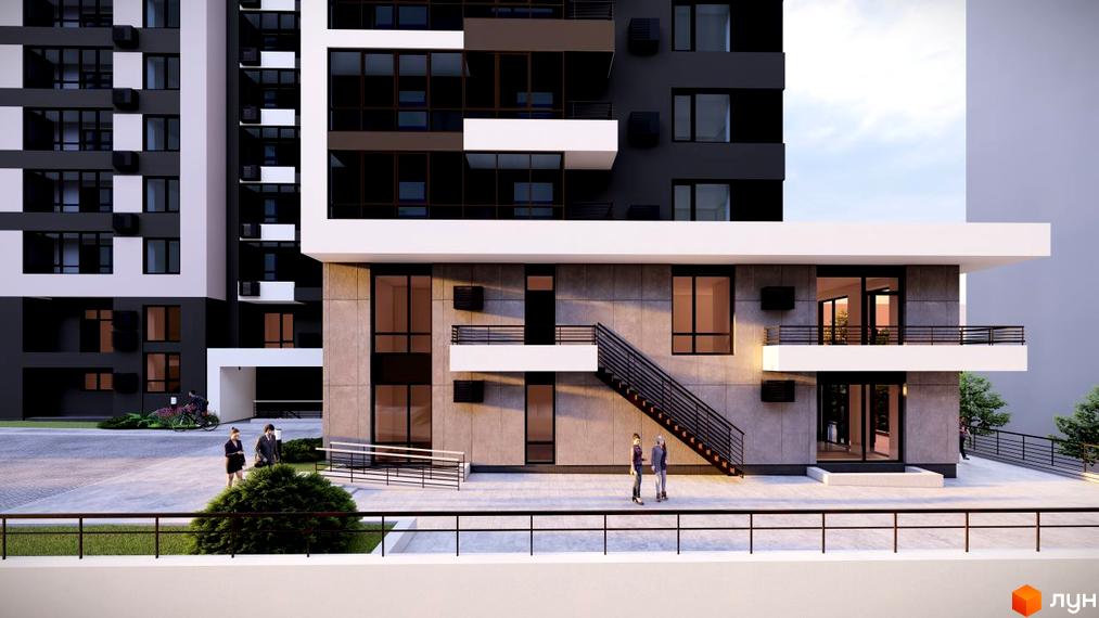 Фасад новобудови ЖК ФАЙНЕ МІСТО з сірими та білими елементами, великими вікнами та балконами. Поруч розташована прибудинкова територія з зеленими насадженнями та доріжками.