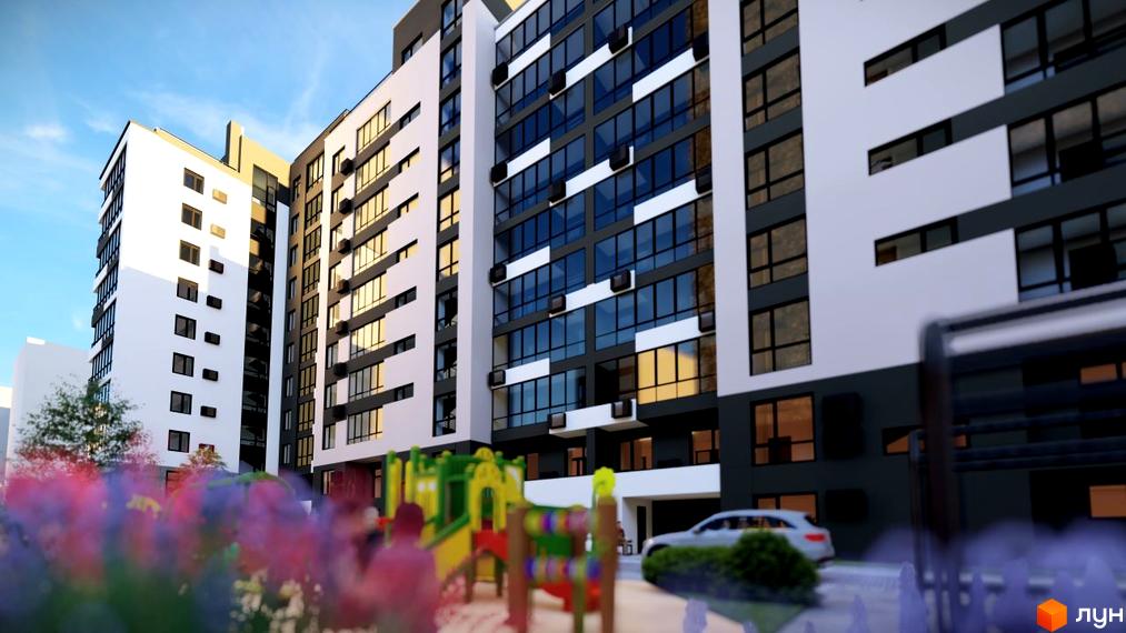 Зовнішній вигляд новобудови ЖК ФАЙНЕ МІСТО з великою кількістю вікон та кондиціонерів, поруч дитячий майданчик та автомобіль.