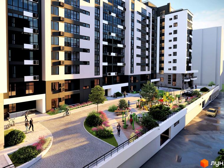 Фасад житлового комплексу ФАЙНЕ МІСТО з дитячим майданчиком та зонами відпочинку на прибудинковій території. Комплекс має сучасну архітектуру та функціональне планування.