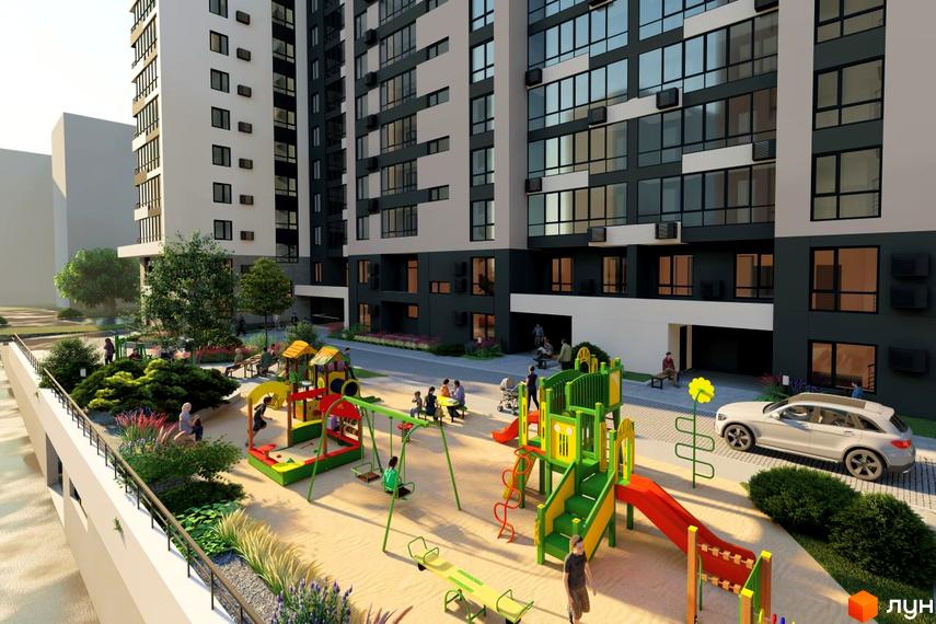 Житловий комплекс ФАЙНЕ МІСТО з дитячим майданчиком та зоною відпочинку. Сучасна новобудова з багатою інфраструктурою для мешканців.