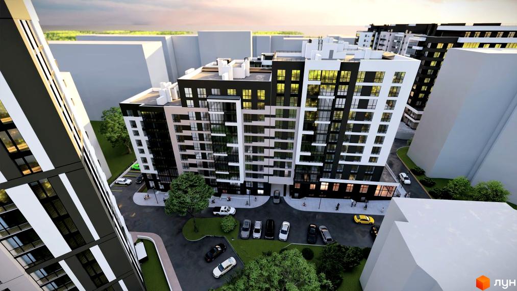 Зовнішній вигляд житлового комплексу ФАЙНЕ МІСТО з паркуванням та зеленими насадженнями. Сучасна архітектура новобудови.