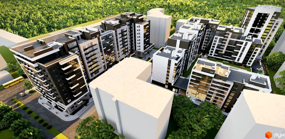 Зовнішній вигляд житлового комплексу ФАЙНЕ МІСТО з висоти пташиного польоту, з зеленими деревами та дорогою з автобусом.