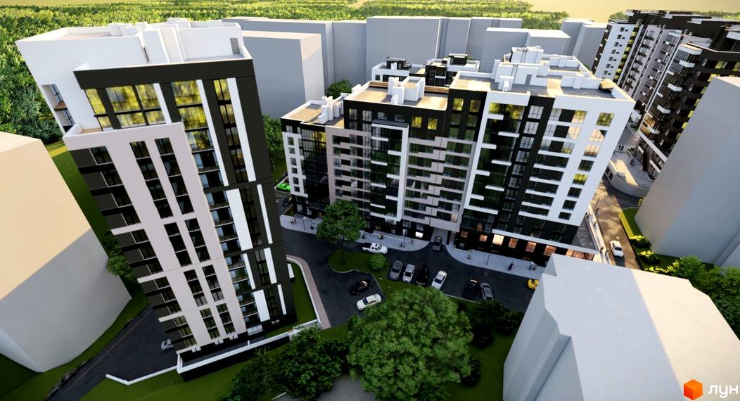 Зовнішній вигляд новобудови ЖК ФАЙНЕ МІСТО з багатоповерховими будинками та прибудинковою територією з деревами та автомобілями.