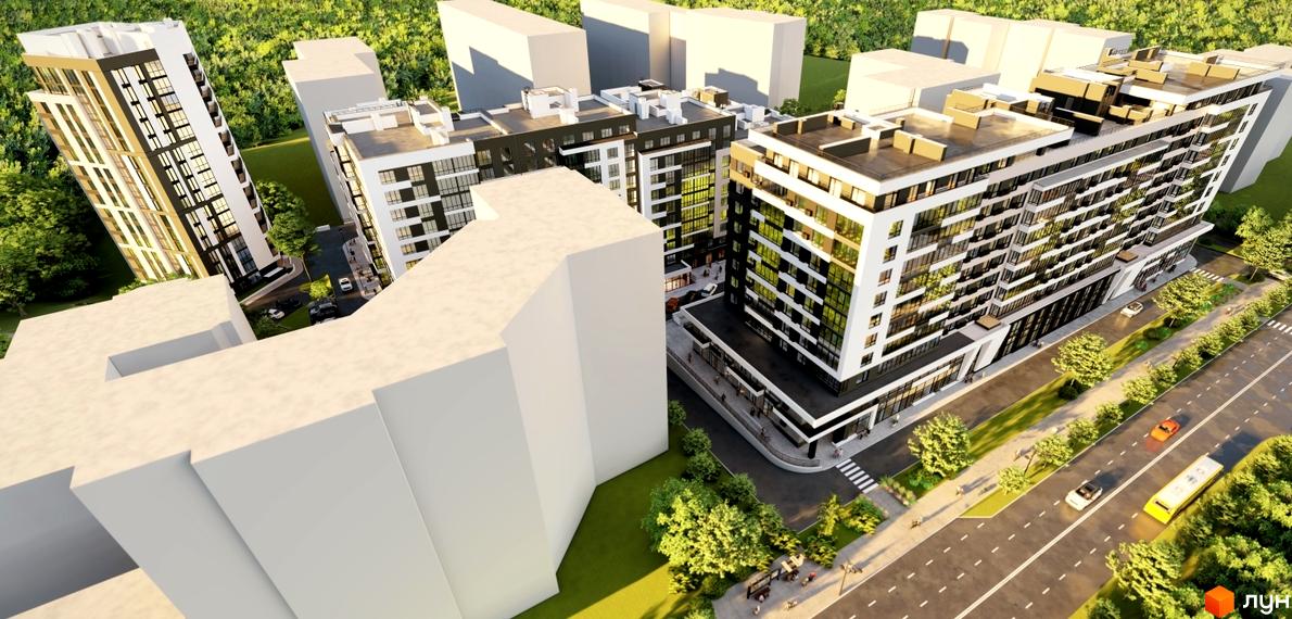 Зовнішній вигляд житлового комплексу ФАЙНЕ МІСТО з багатоповерховими будинками та прибудинковою територією з деревами та дорогою.