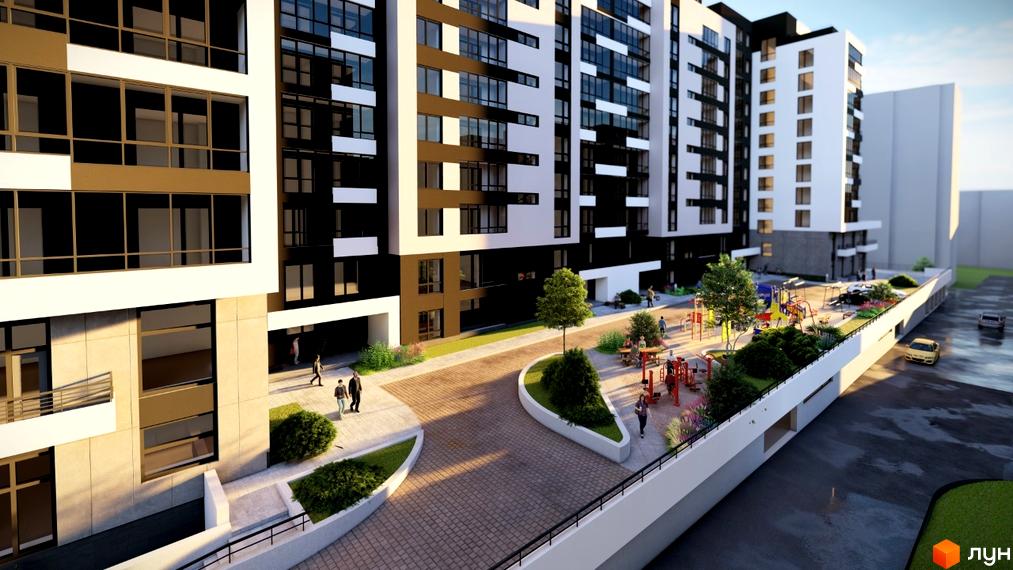 Новобудова ЖК ФАЙНЕ МІСТО з чорно-білими фасадами та великими вікнами, поруч дитячий майданчик та зона відпочинку.