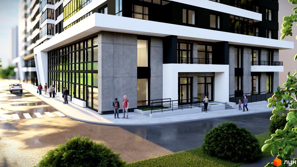 Зовнішній вигляд новобудови ЖК ФАЙНЕ МІСТО з великими вікнами та сірими панелями, поруч розташована прибудинкова територія з пішохідним переходом та деревами.