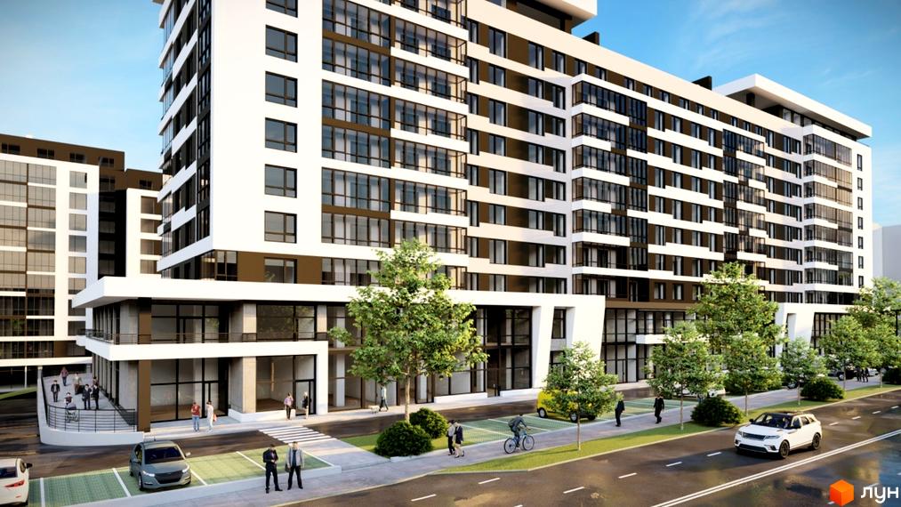 Будівельний проєкт ФАЙНЕ МІСТО – це сучасна багатоповерхова будівля з великою кількістю вікон та прибудинкова територія з деревами та автомобілями.