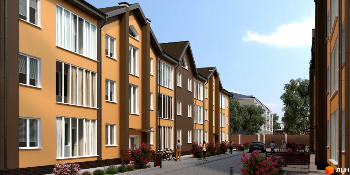 Житловий комплекс Каспійська: ряд будинків з похилими дахами, великими вікнами та прилеглою територією з тротуарами, лавками та рослинами.