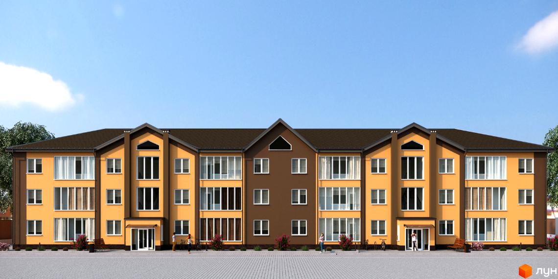 Зображення фасаду будинку житлового комплексу Каспійська з жовтими стінами, коричневим дахом та вікнами. На території є люди.