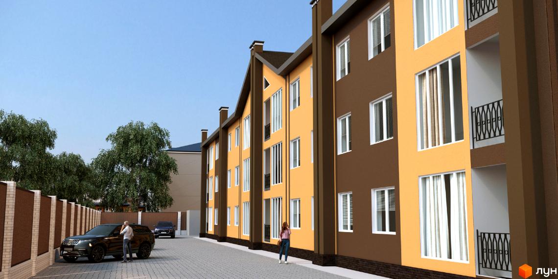 Житловий комплекс Каспійська. Багатоповерховий будинок з жовтим фасадом та великими вікнами. На території є парковка та зелені насадження.