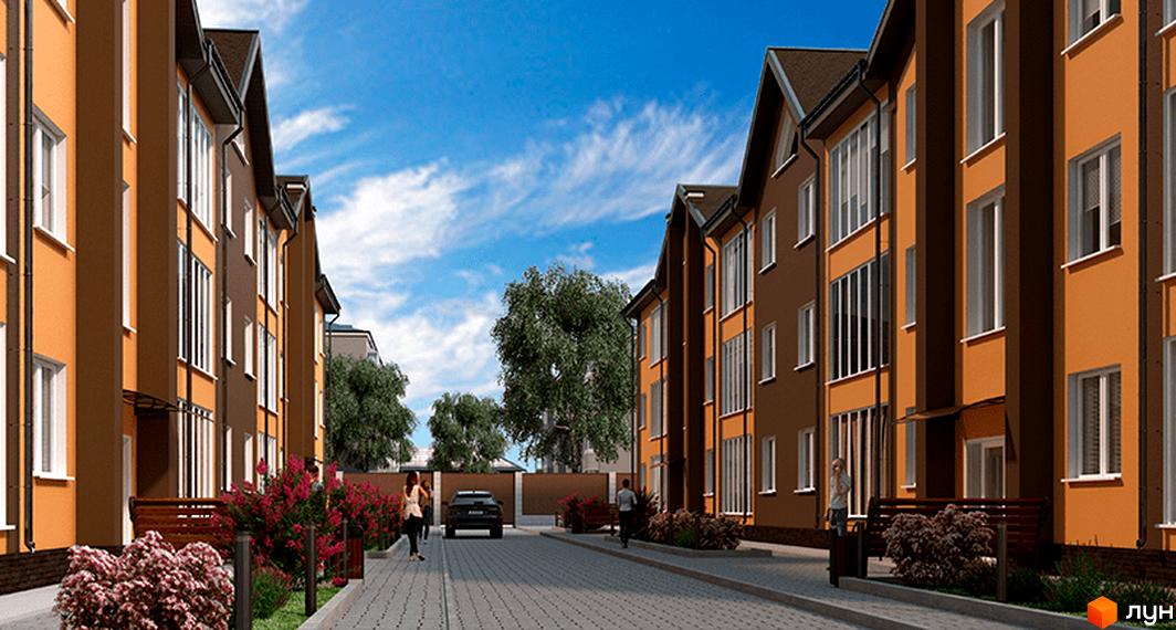 Житловий комплекс Каспійська з фасадами кольору охри, з вікнами та балконами. На прибудинковій території висаджені квіти та дерева, є лавки для відпочинку.