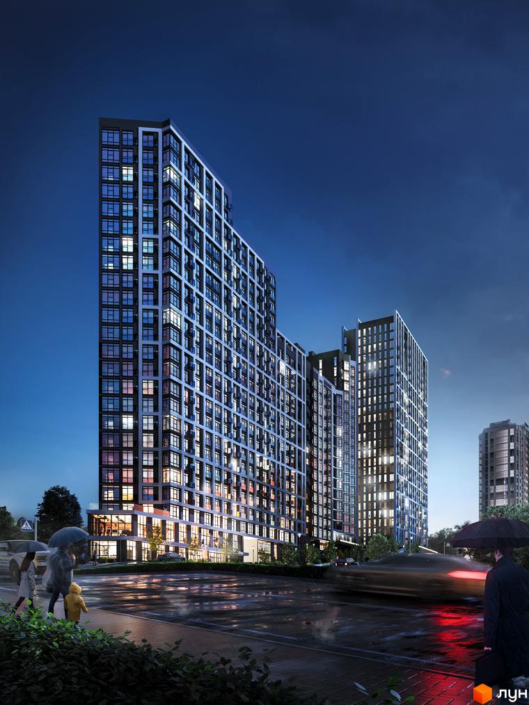 Житловий комплекс Nordica Residence з фасадом з вікон та балконів, розташований біля дороги з автомобілями та пішоходами під парасольками.