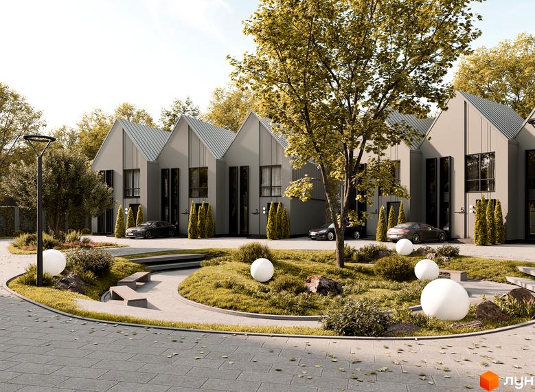 Зображення таунхаусів 10 Hills з сірими фасадами та металевими дахами. Навколо будинків зелений газон, дерева та ландшафтний дизайн.
