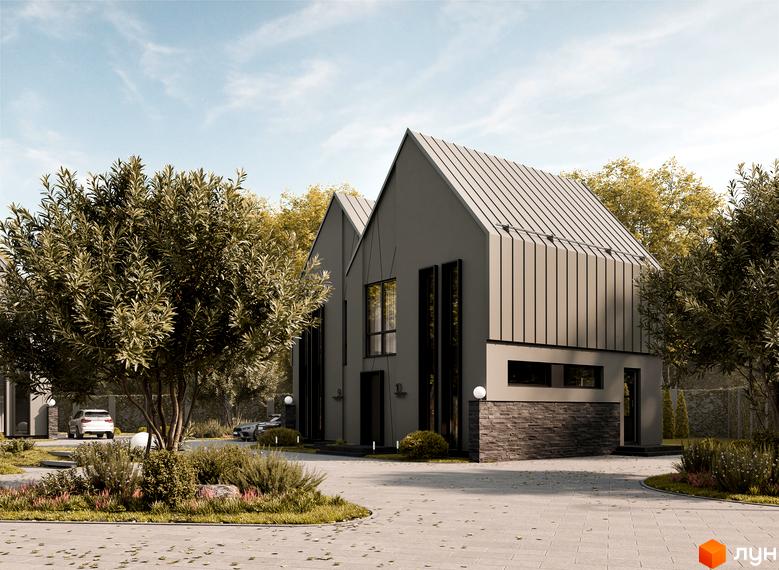 Зображення таунхаусів 10 Hills з сірими фасадами та металевими дахами. Навколо будинків зелені насадження та вимощена бруківкою територія.