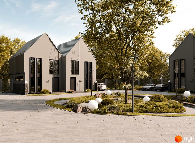 Зображення таунхаусів 10 Hills з сірими фасадами та великими вікнами. Навколо будинків зелена територія з ландшафтним дизайном.