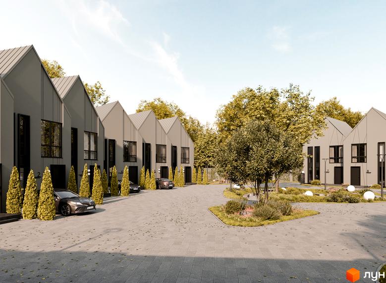 Зображення житлового комплексу 10 Hills з таунхаусами та прибудинковою територією. На передньому плані автомобілі та зелені насадження.