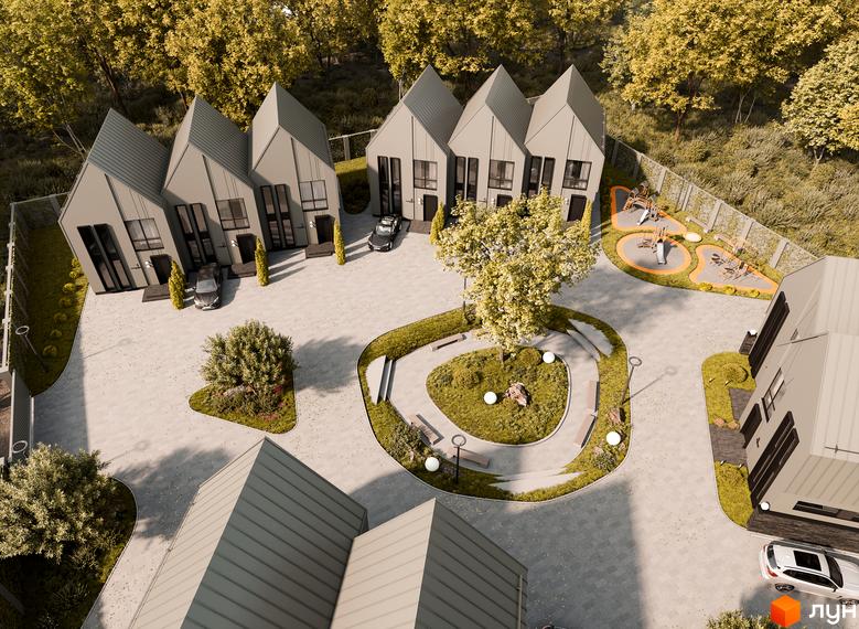 Зображення таунхаусів 10 Hills з сірими дахами та великими вікнами, на території є дитячий майданчик та зелена зона з лавками.