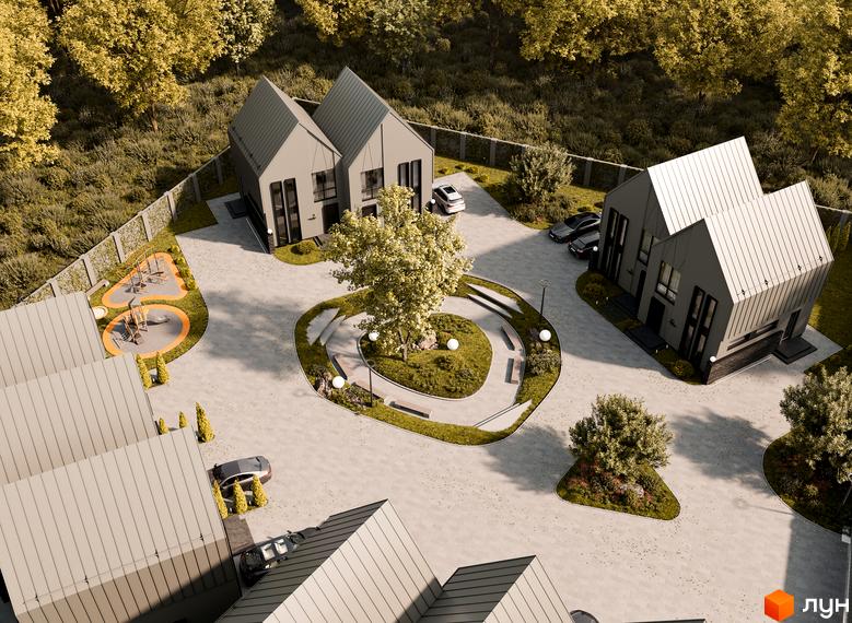 Вигляд зверху на таунхауси 10 Hills з сірими дахами. На території дитячий майданчик та зелена зона з деревами.