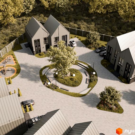 Зображення таунхаусів 10 Hills з прибудинковою територією. Вид зверху на будинки з сірими дахами та озеленений двір.