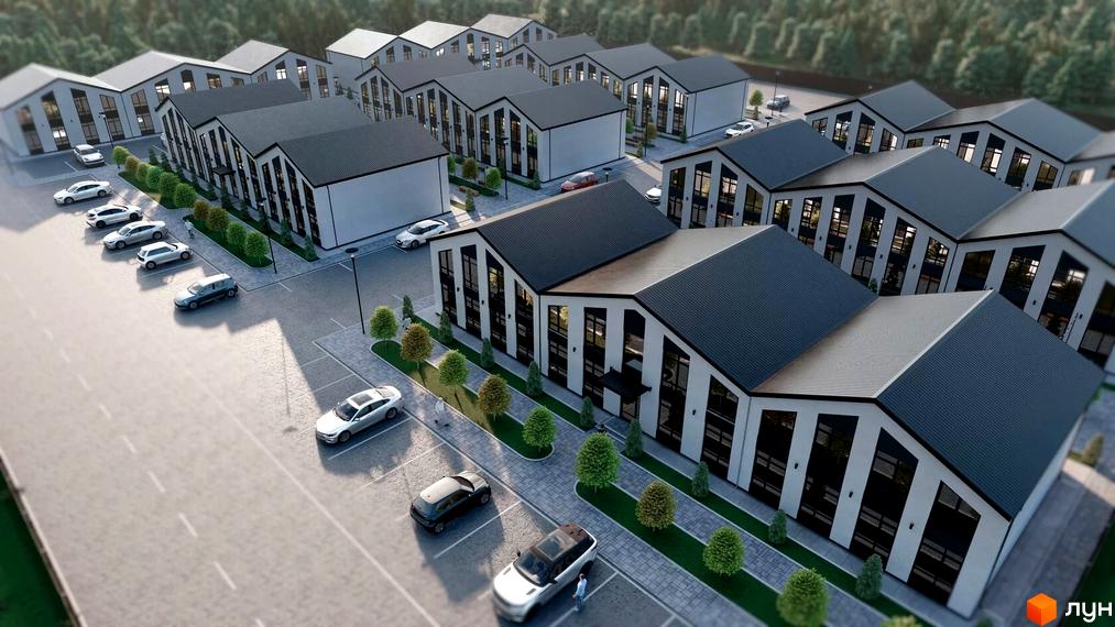 Зображення житлового комплексу Sollo Club House. Будинки з темними дахами та великими вікнами, поруч парковка з автомобілями та зелені насадження.