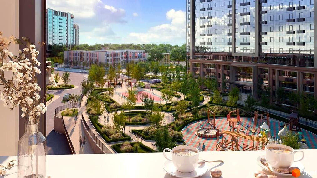 Вид на житловий район з вікна квартири. На передньому плані кава та квіти, на задньому — будівлі, дитячий майданчик та баскетбольний майданчик.