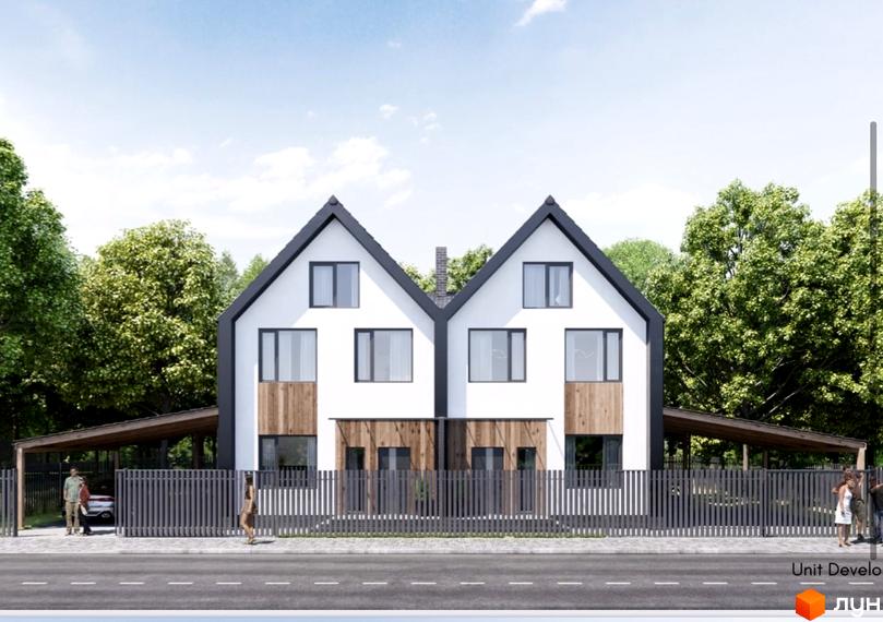 Зображення житлового комплексу Дубки. Двоповерхові будинки з білими стінами, чорним дахом та деревʼяними вставками. Перед будинками розташований паркан та дорога.