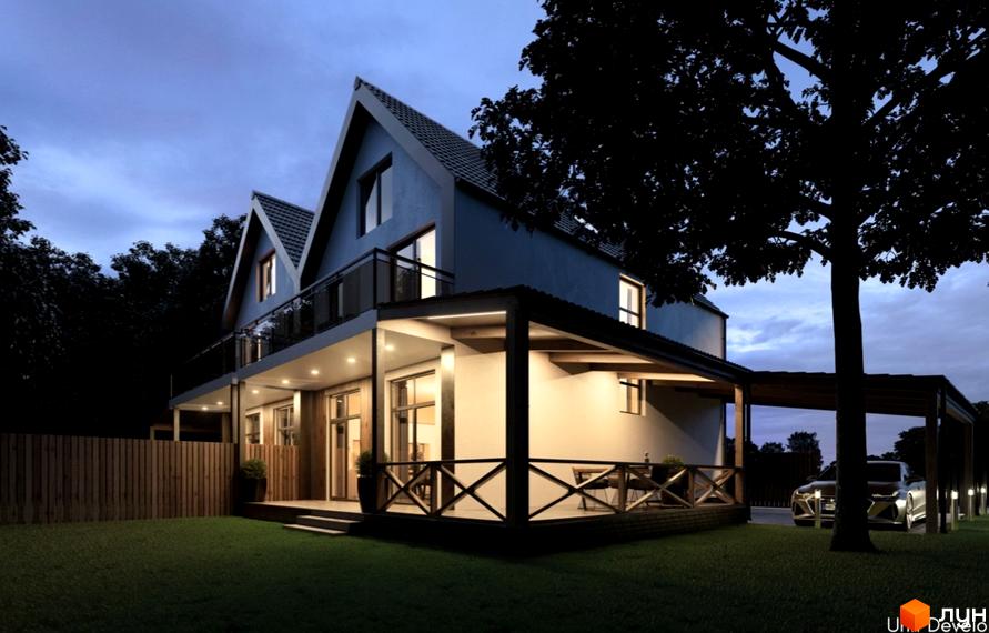 Двоповерховий будинок з двосхилим дахом, терасою та великим деревом поруч. На території є газон, парковка для авто та ліхтарі.