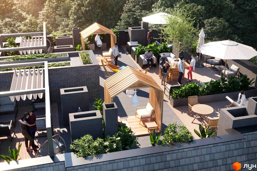 Вид на терасу житлового комплексу O'Club Club Residence з місцями для відпочинку, альтанками та зеленими насадженнями. На терасі присутні люди.