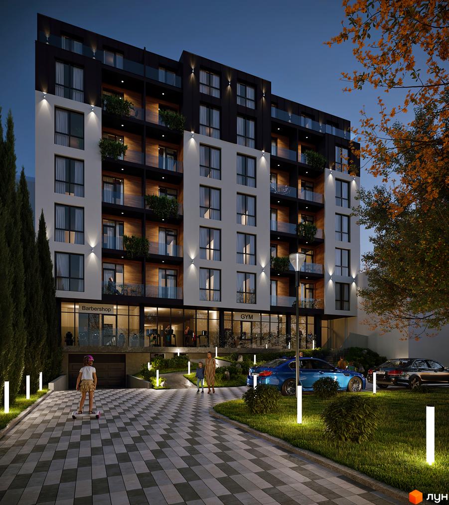 Зовнішній вигляд багатоповерхового будинку Житловий комплекс Globus Elite 2 з підсвічуванням фасаду та прилеглою територією з автомобілями та пішоходами.