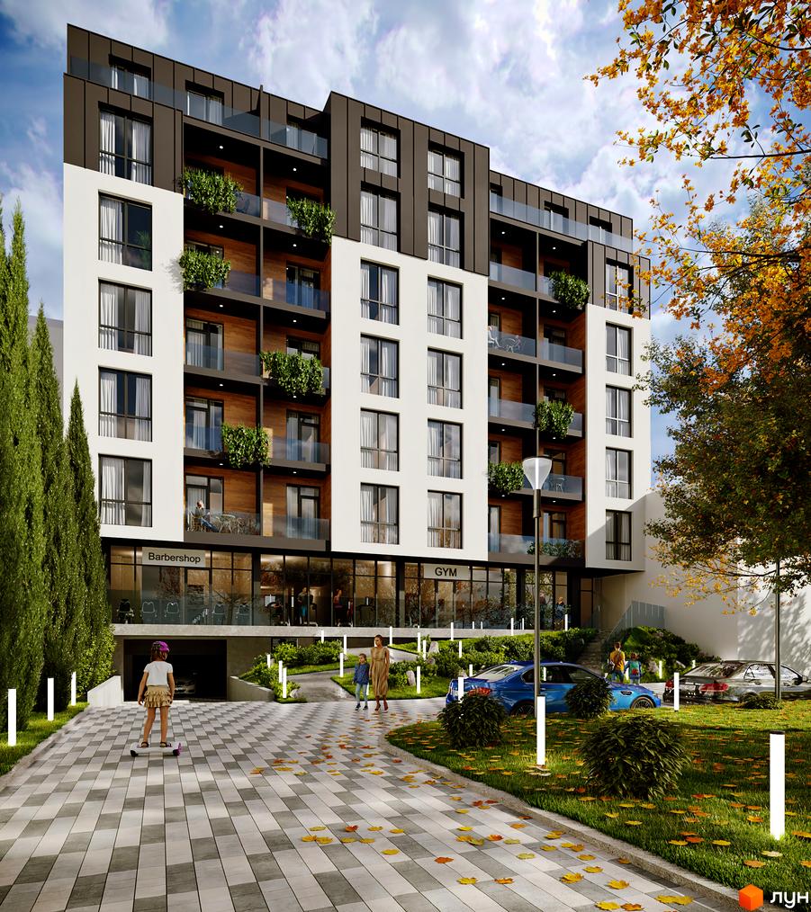 Житловий комплекс Globus Elite 2 з фасадом білого кольору та панорамними вікнами. На прибудинковій території є парковка, дитячий майданчик та зелені насадження.