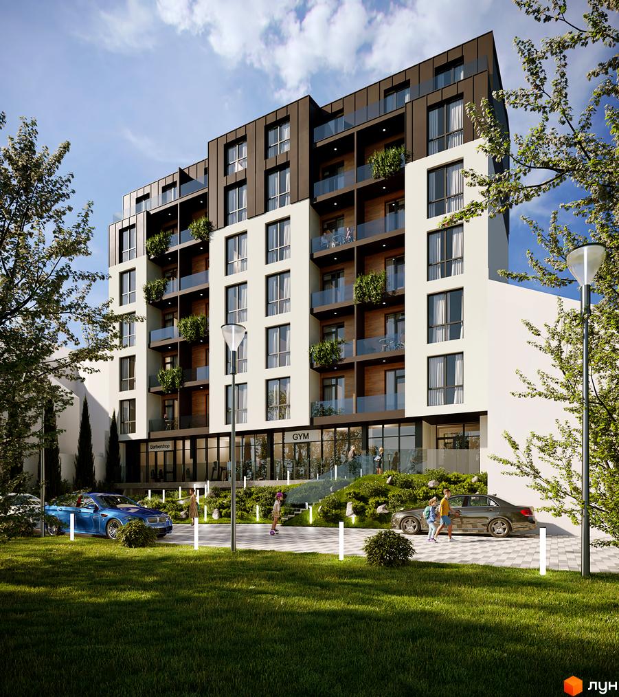 Висотна будівля ЖК Globus Elite 2 з фасадом світлого кольору та балконами. На прибудинковій території газон, дерева та парковка.