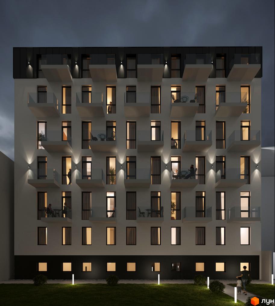 Зображення фасаду багатоповерхового будинку ЖК Globus Elite 2 з балконами та скляними огорожами. На території перед будинком газон та ліхтарі.