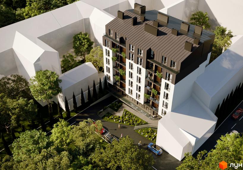 Висотна будівля ЖК Globus Elite 2 з темним дахом та білим фасадом. На прибудинковій території зелені насадження, парковка та доріжки для пішоходів.